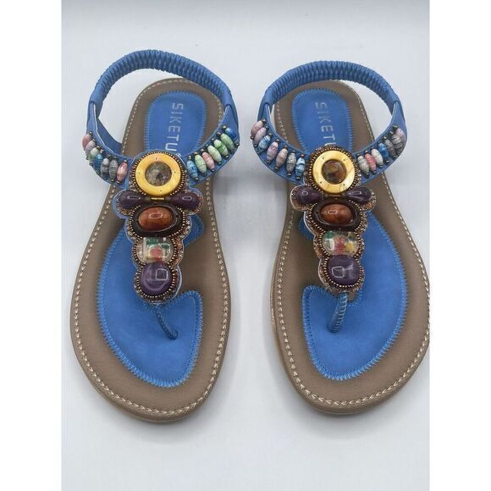 Siketu Bohemia Blue Beaded Women's Slide Flats Thong  Sling back Sandals Size 8‎